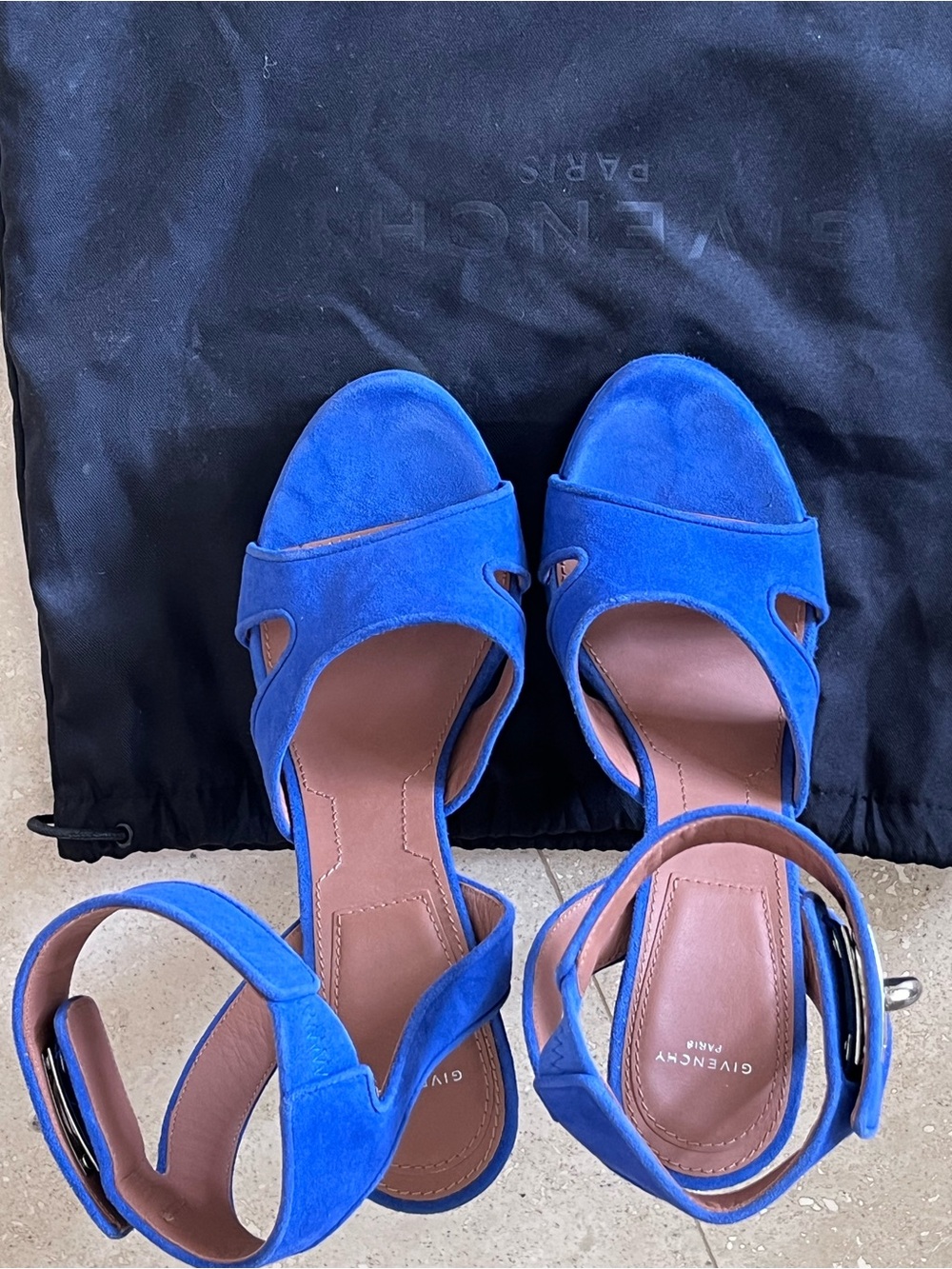 Givenchy Cobalt Suede Open-Toe Ankle-Strap Heels